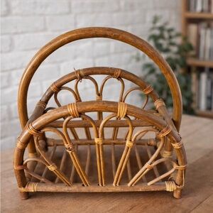 Vintage Rattan Mail Holder Magazine Rack Boho Wicker Organizer Cottage Decor